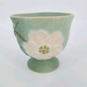 Vintage Weller Pottery Dogwood Flower Aqua Green Footed Vase Planter 4 In. Deco